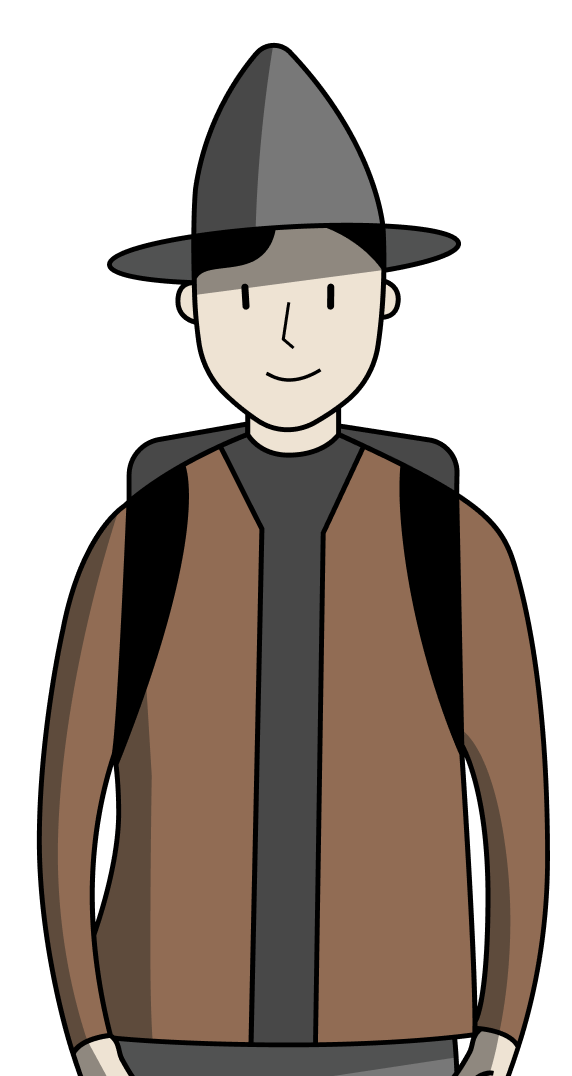 Illustration of a man wearning a hat and a backpack
