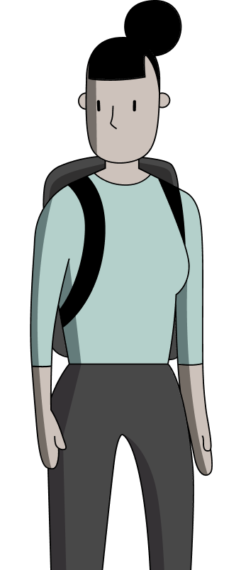 Illustration of a woman wearing a backpack with her black hair in a bun